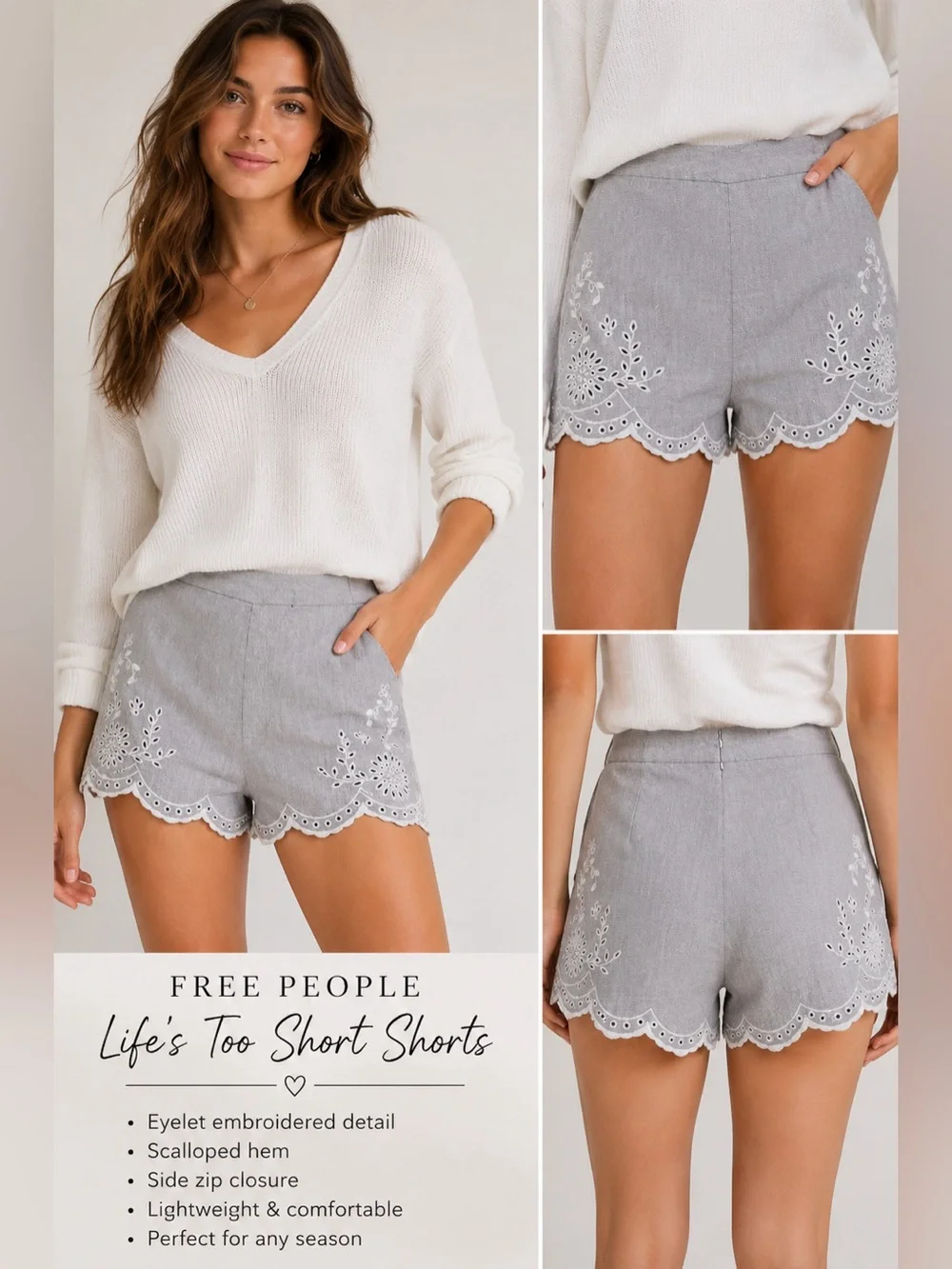 Free People Life’s Too Short Embroidered Eyelet Scalloped Shorts Gray Size 6 - Picture 9 of 10